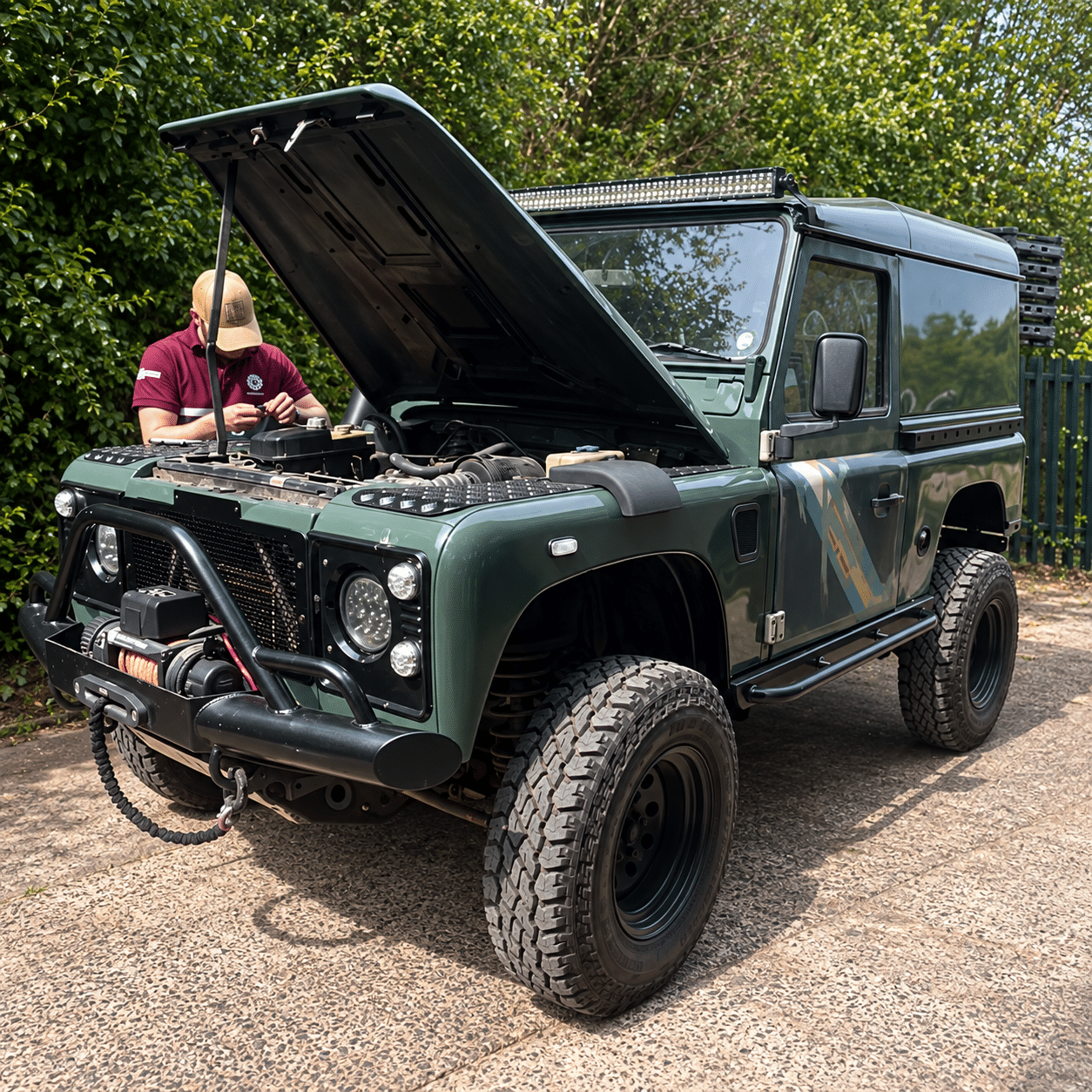 A Land Rover Defender bing worked on at The Defender Shed
